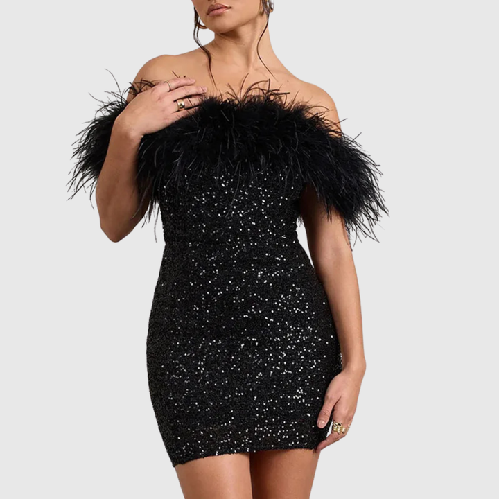 Weronika - Elegancka Sukienka z Odkrytymi Ramionami z Brokatem