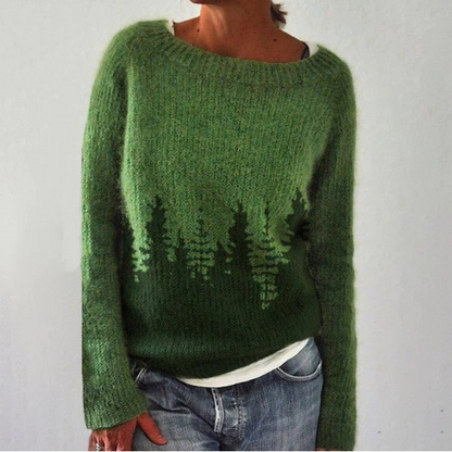 Renata - Zielony retro sweter ze wzorem choinek