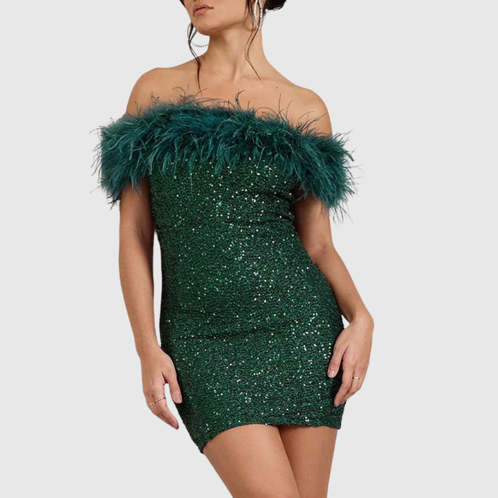Weronika - Elegancka Sukienka z Odkrytymi Ramionami z Brokatem