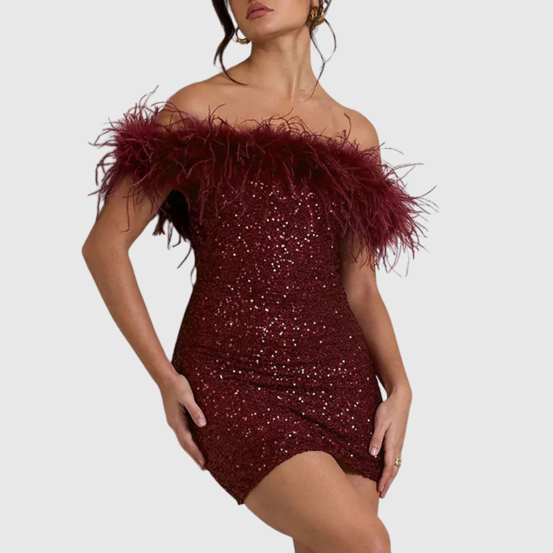 Weronika - Elegancka Sukienka z Odkrytymi Ramionami z Brokatem