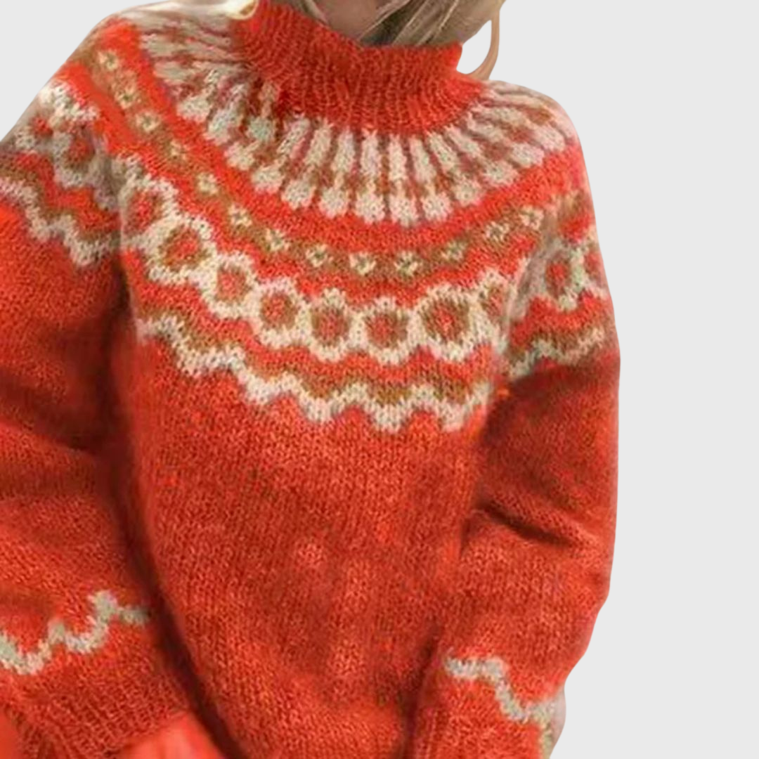 Grażyna - Niebieski sweter ze stójką i norweskim wzorem