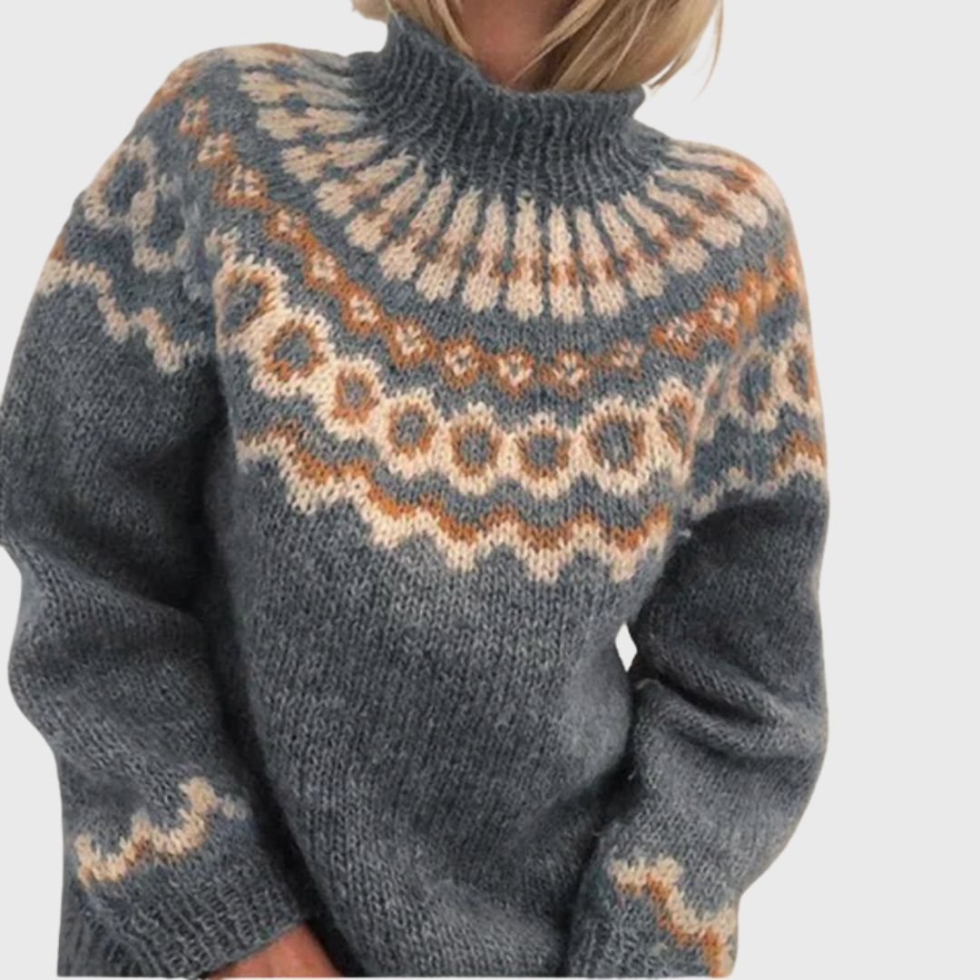Grażyna - Niebieski sweter ze stójką i norweskim wzorem