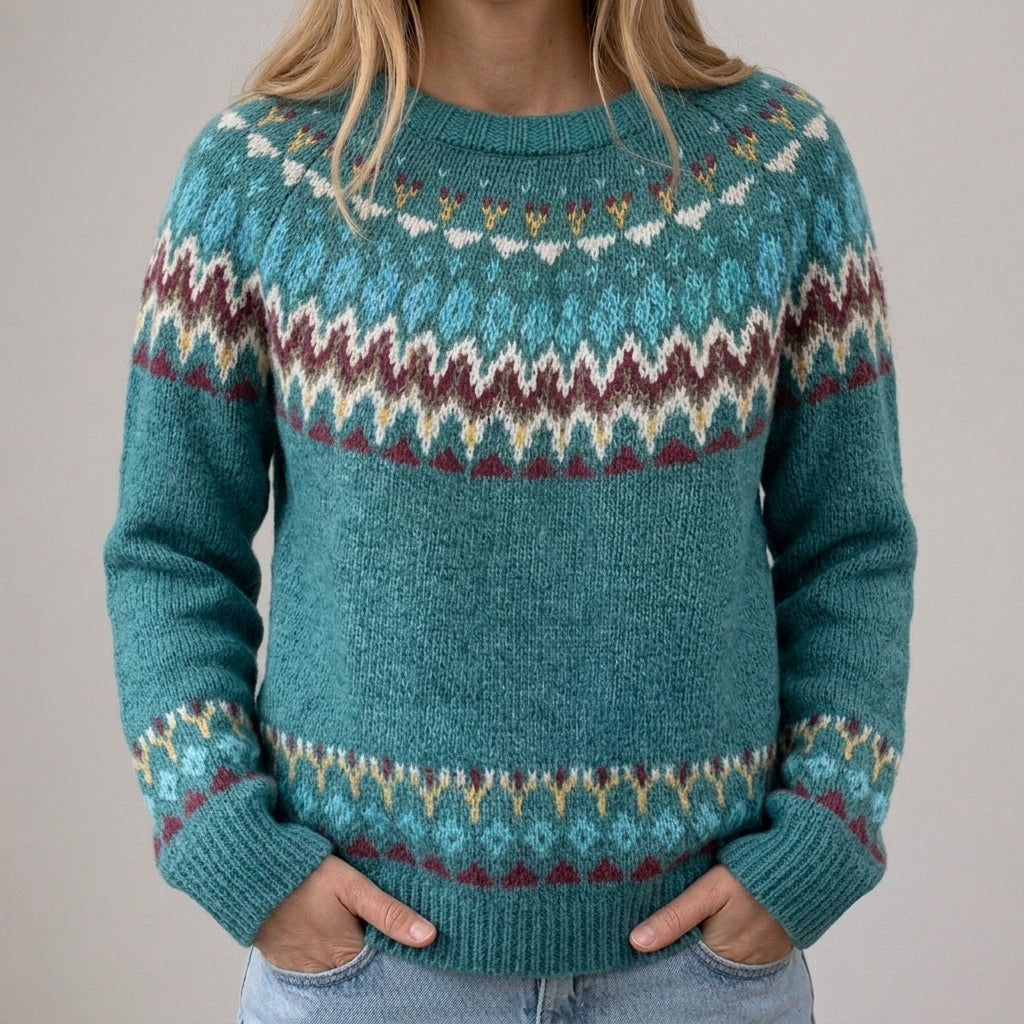 Teresa - Petrolowy retro sweter z falistym wzorem
