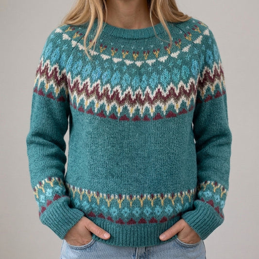 Teresa - Petrolowy retro sweter z falistym wzorem