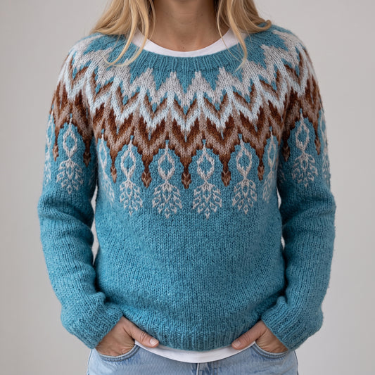 Halina - Petrolowy retro sweter z norweskim wzorem