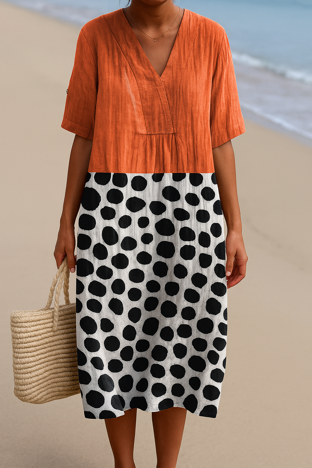 Penelopa - Pomarańczowa Sukienka z Kontrastowymi Kropkami