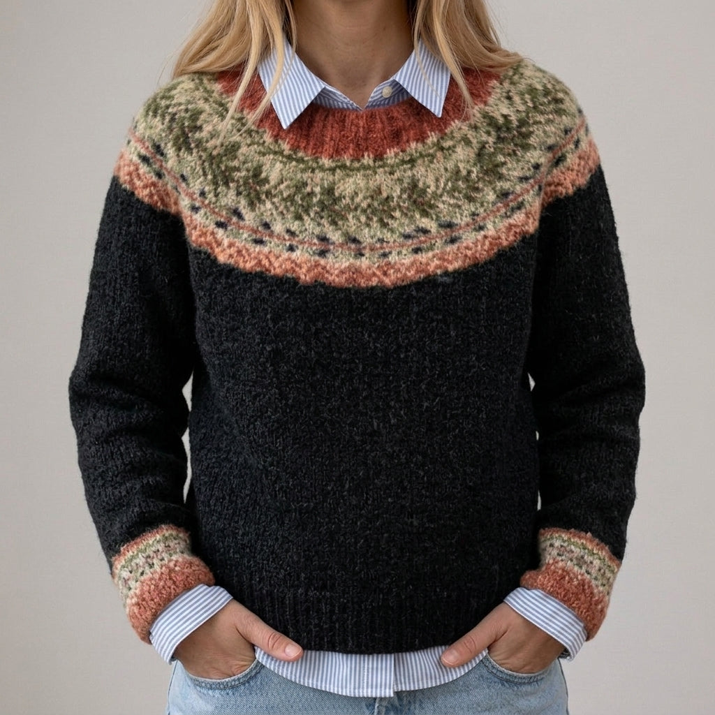 Aleksandra - Czarny vintage sweter z norweskim wzorem