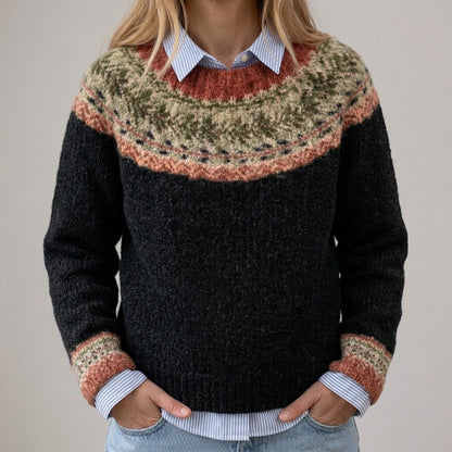 Aleksandra - Czarny vintage sweter z norweskim wzorem