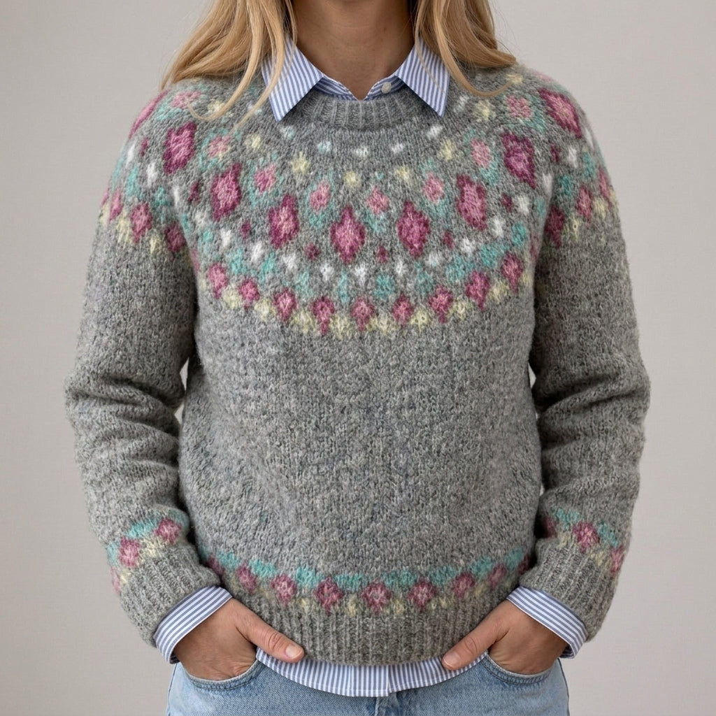 Marta - Szary vintage sweter z kwiatowym wzorem