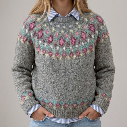 Marta - Szary vintage sweter z kwiatowym wzorem