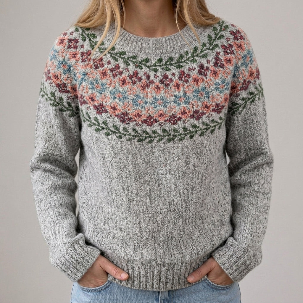 Maja - Szary retro sweter z kwiatowym wzorem