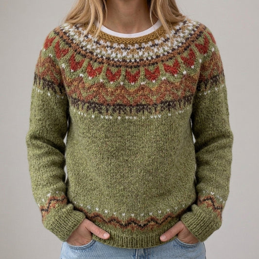 Natalia - Oliwkowy vintage sweter z norweskim wzorem