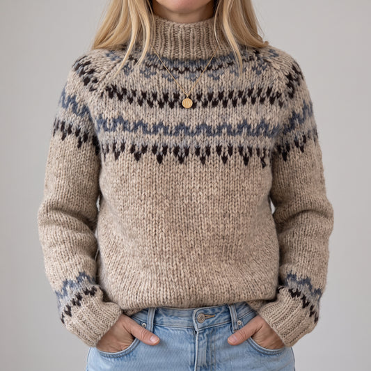 Jolanta - Beżowy super miękki sweter z norweskim wzorem