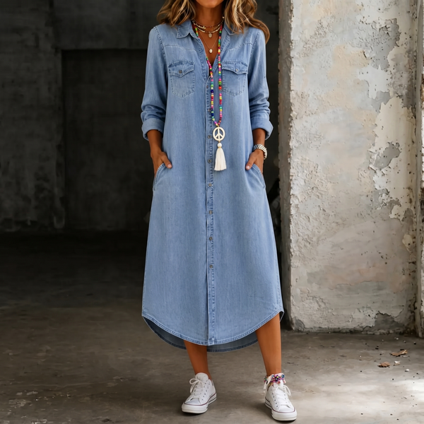 Helen | Casual Elegancka Długa Sukienka Koszulowa z Dżinsu