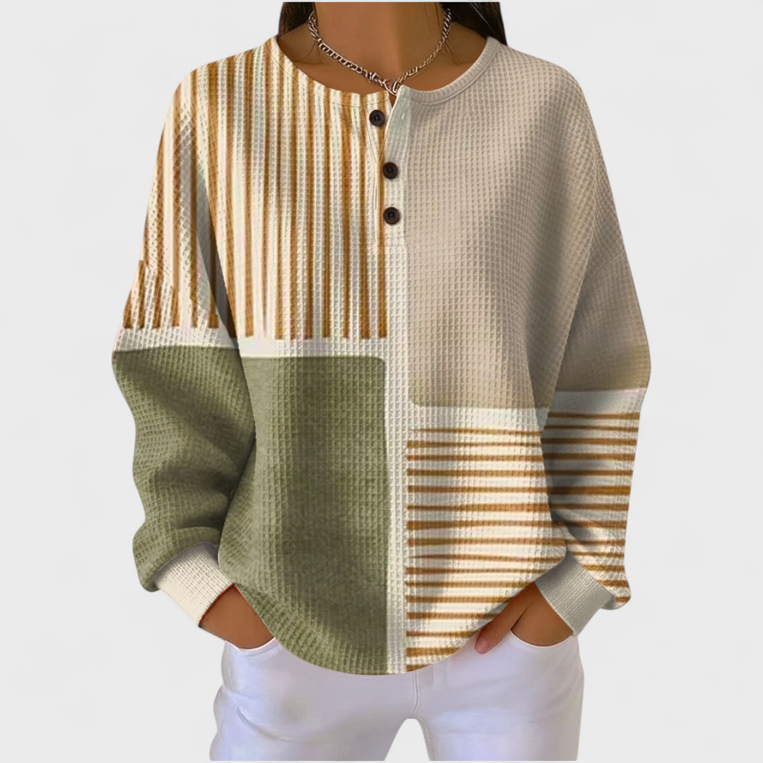 Zofia | Beżowy sweter w paski i patchwork