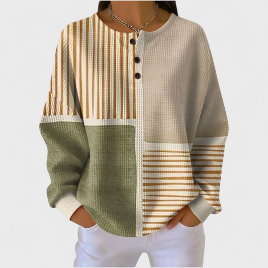 Zofia | Beżowy sweter w paski i patchwork
