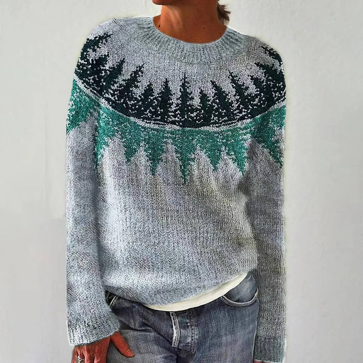 Małgorzata - Niebieski retro sweter ze wzorem choinek