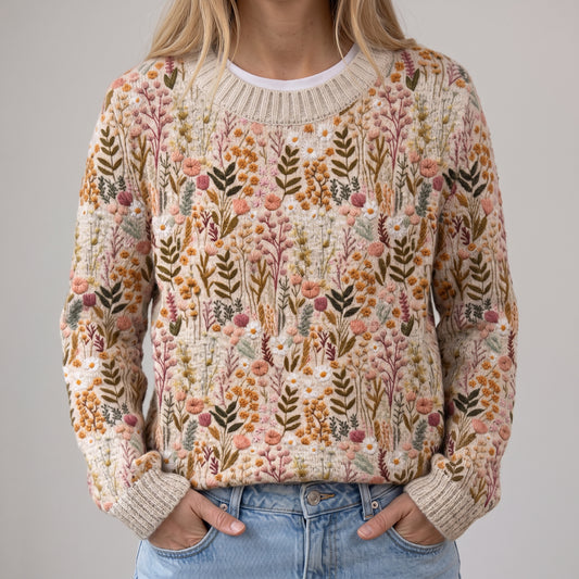 Urszula - Beżowy miękki sweter z kwiatowym wzorem