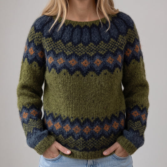Agnieszka - Oliwkowy retro sweter ze wzorem zygzaka