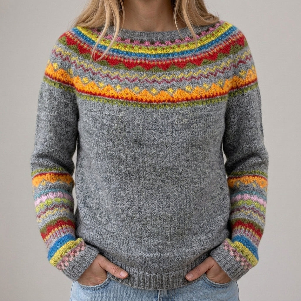 Amelia - Szary retro sweter z tęczowymi paskami