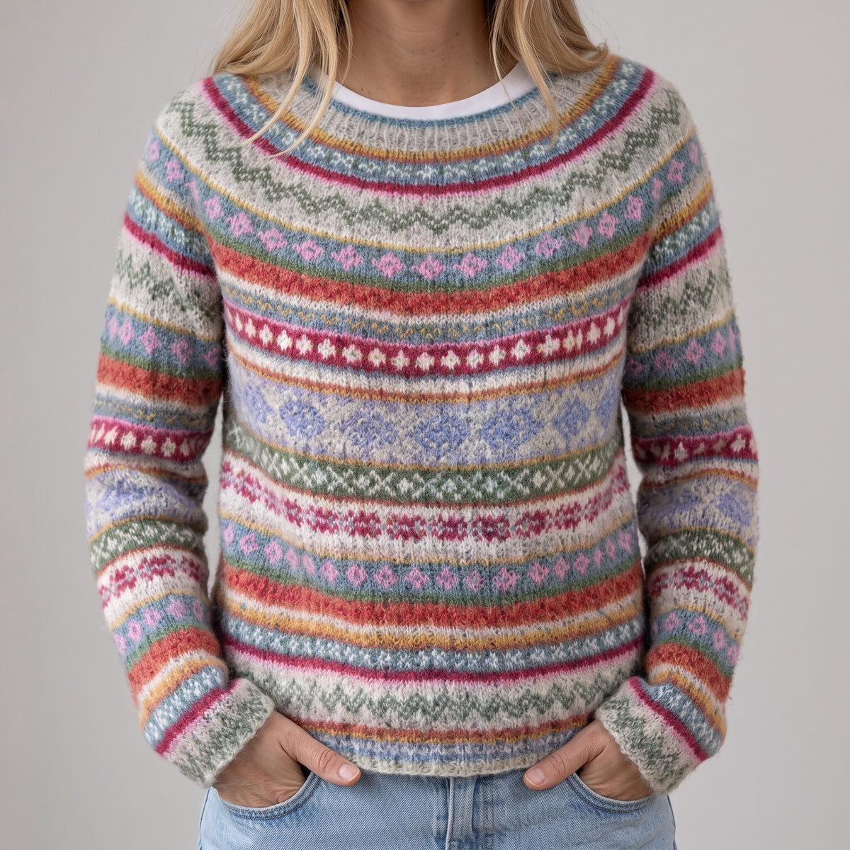 Milena - Szary retro sweter z kolorowym norweskim wzorem