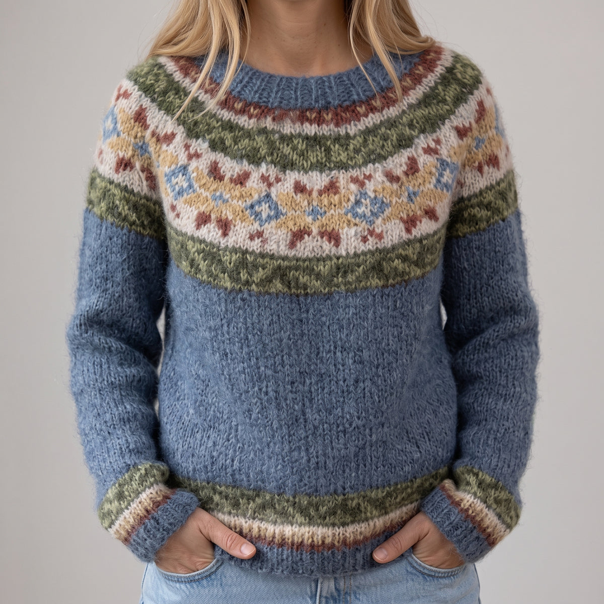 Bożena - Niebieski retro sweter z kwiatowym wzorem