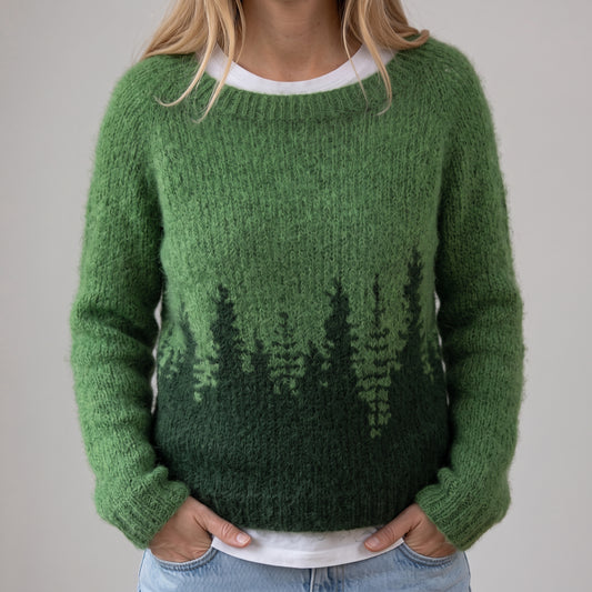 Renata - Zielony retro sweter ze wzorem choinek
