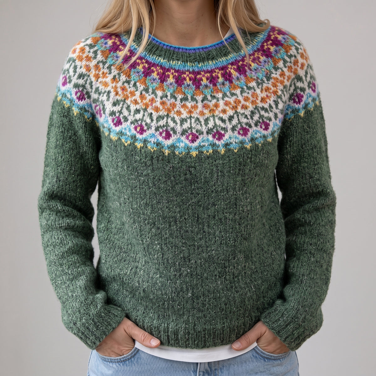 Dorota - Szary retro sweter z kolorowym norweskim wzorem