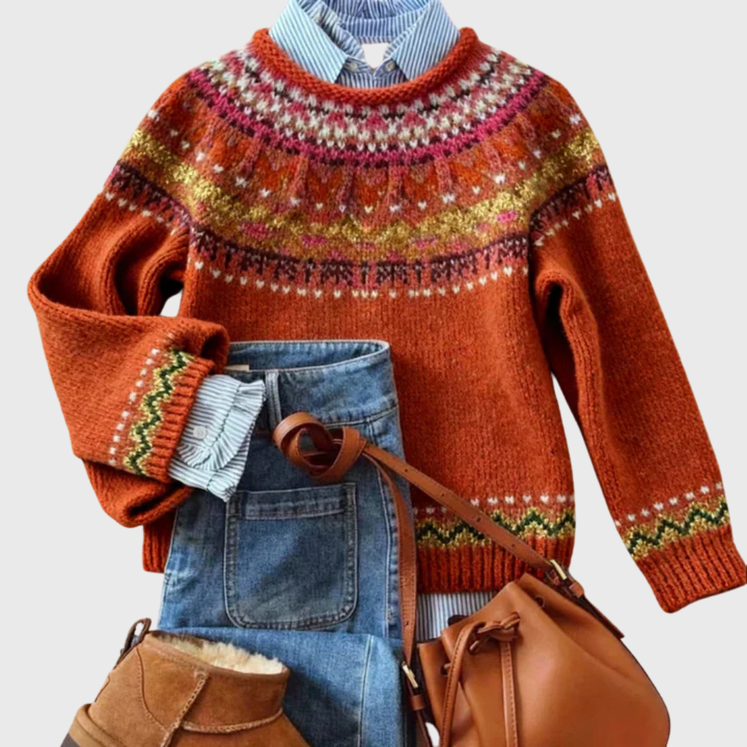 Emilia - Czerwony vintage sweter z norweskim wzorem