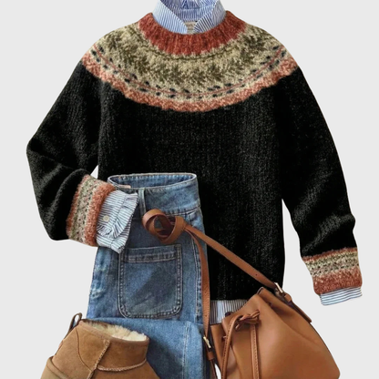 Aleksandra - Czarny vintage sweter z norweskim wzorem
