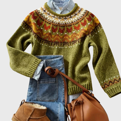 Natalia - Oliwkowy vintage sweter z norweskim wzorem