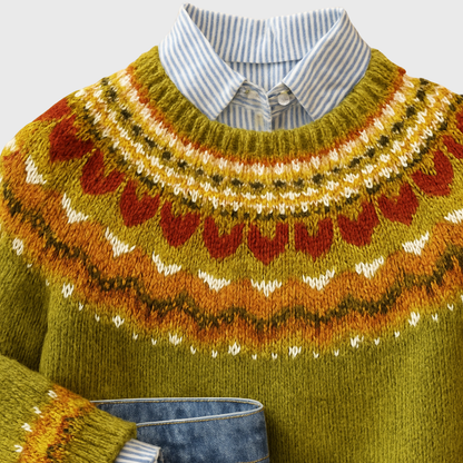 Natalia - Oliwkowy vintage sweter z norweskim wzorem