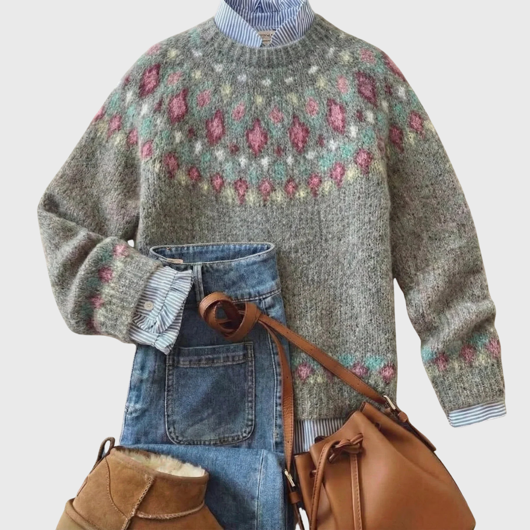 Marta - Szary vintage sweter z kwiatowym wzorem