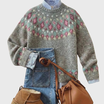 Marta - Szary vintage sweter z kwiatowym wzorem