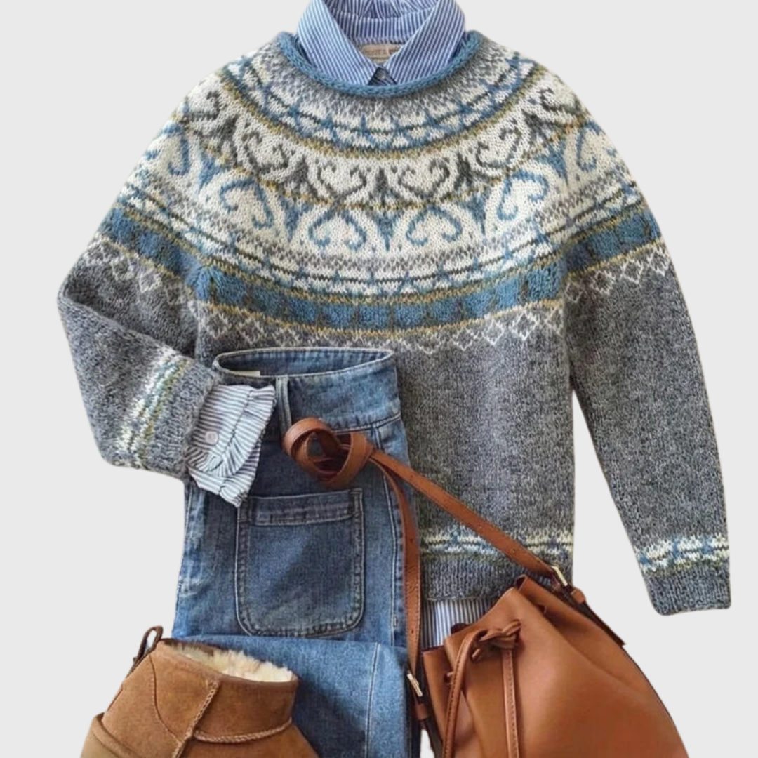 Anna - Jasnoszary vintage sweter z norweskim wzorem
