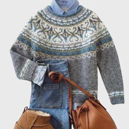 Anna - Jasnoszary vintage sweter z norweskim wzorem