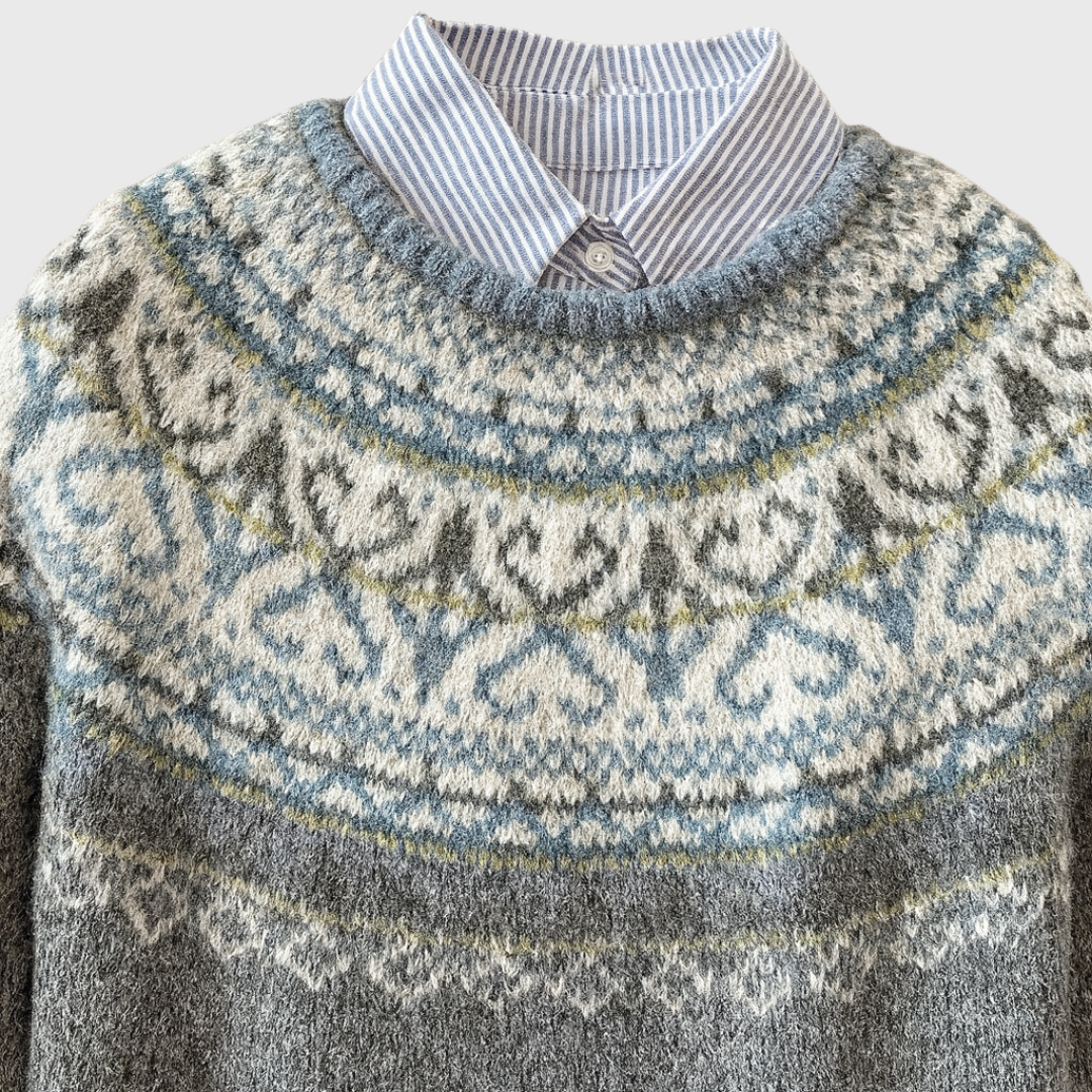 Anna - Jasnoszary vintage sweter z norweskim wzorem