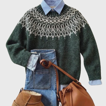 Katarzyna - Ciemnozielony vintage sweter ze wzorem płatków śniegu
