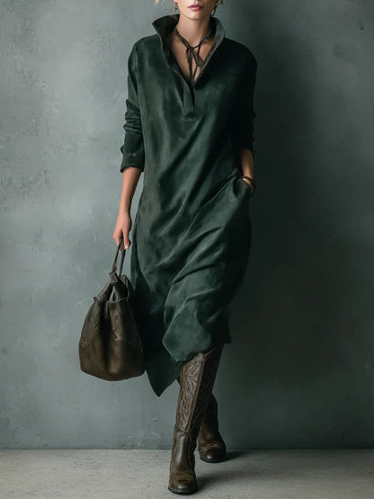 Aleksandra - Zielona luźna suede sukienka midi
