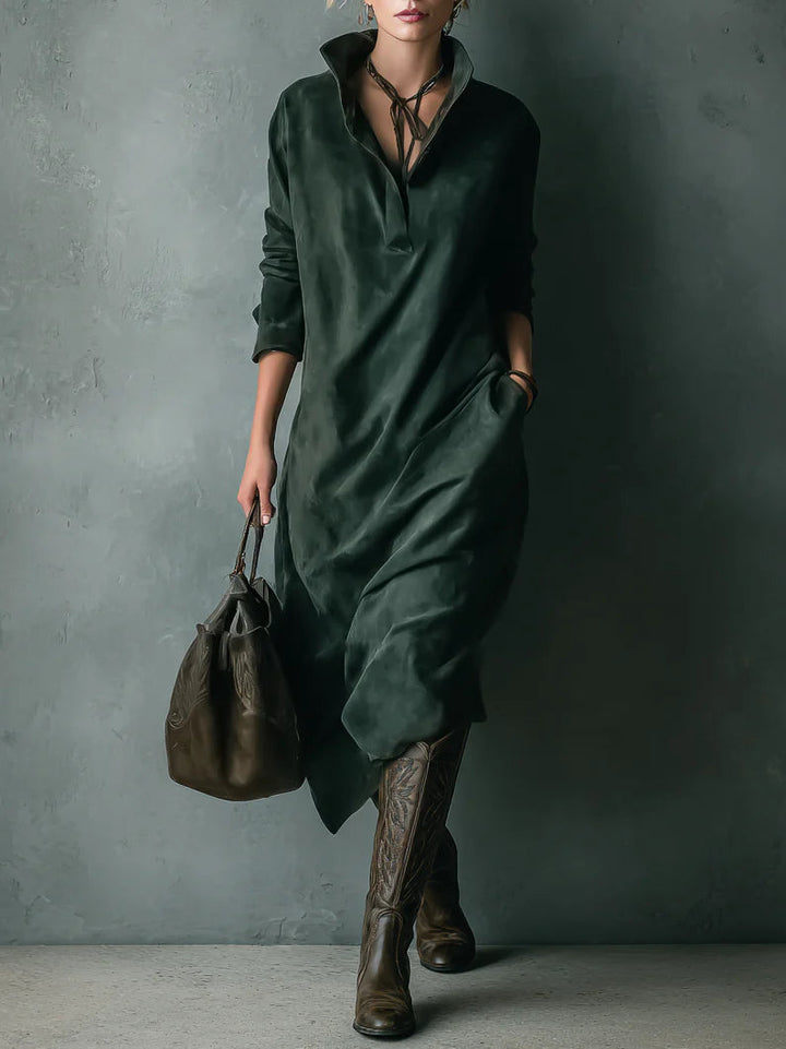 Aleksandra - Zielona luźna suede sukienka midi