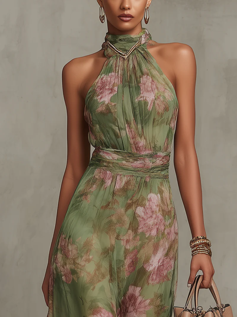 Livia - Elegancka Maxi Sukienka Halter w Kwiaty