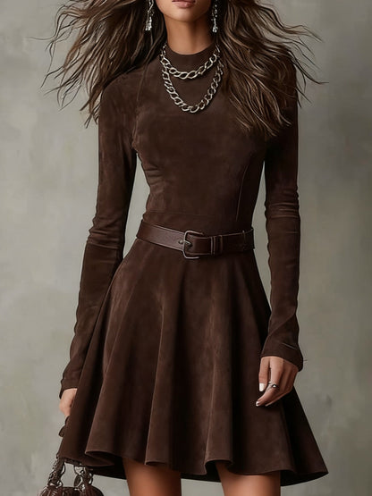 Kalina – ciemnobrązowa suede sukienka mini