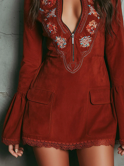 Elwira – vintage haftowana sukienka mini suede
