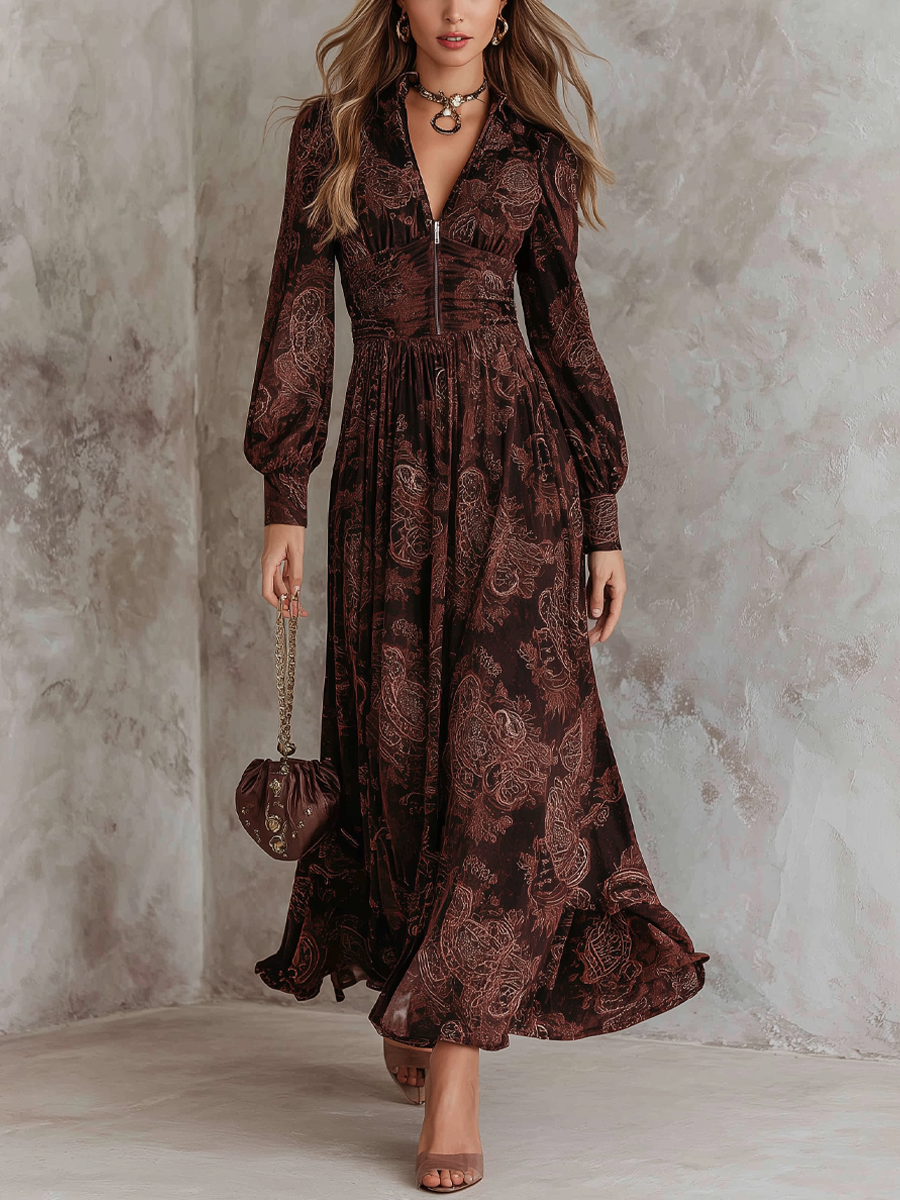 Marlena - Sukienka Maxi z Paisley i Zippem w Talii