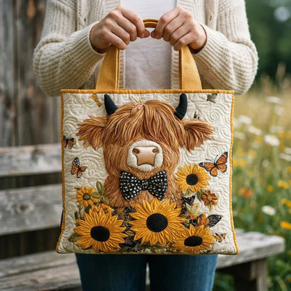 Torba tote z pikowaniem - wzór z bydłem highland i słonecznikami
