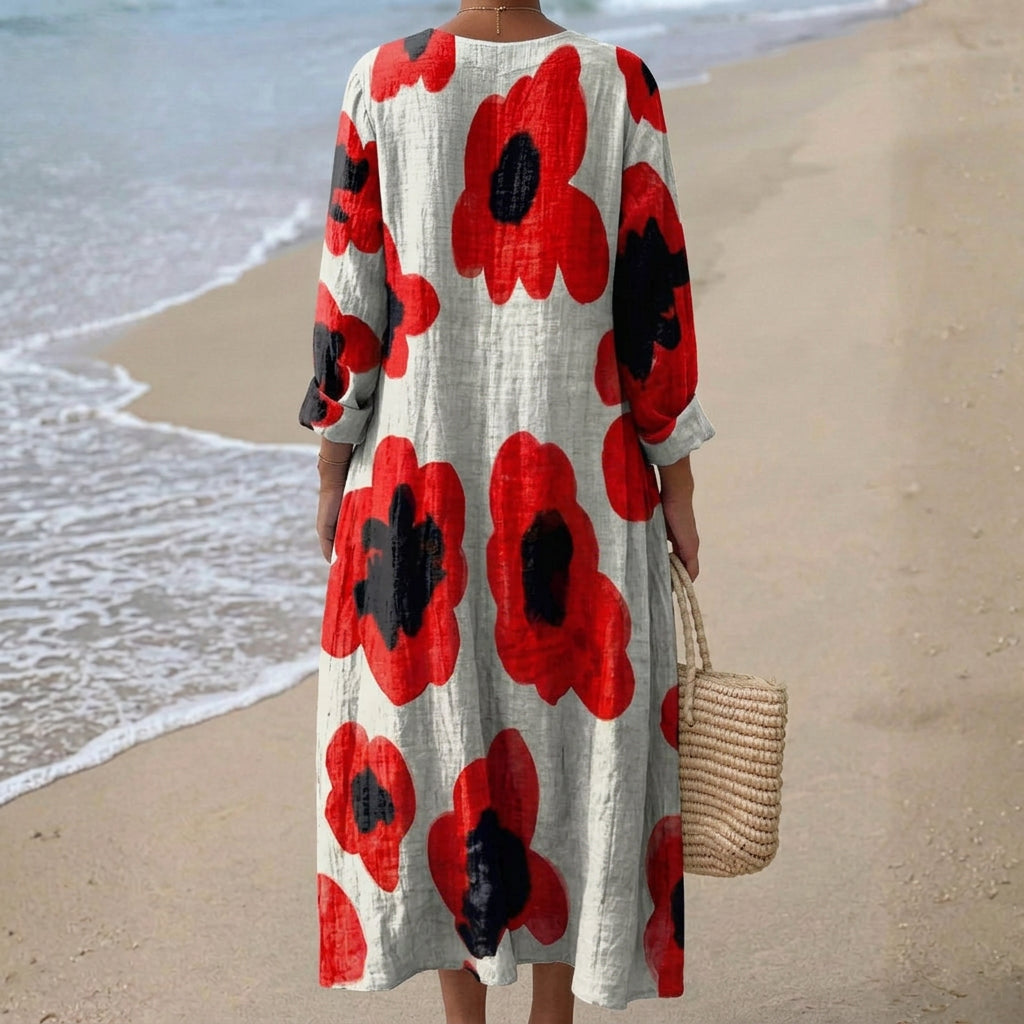 Elwira - Czerwona Sukienka Maxi w Kwiaty