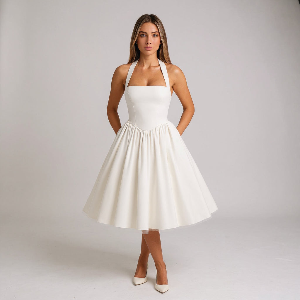 Kamila - Sukienka Midi z Halterem w Stylu Vintage