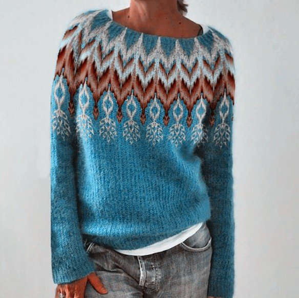 Halina - Petrolowy retro sweter z norweskim wzorem
